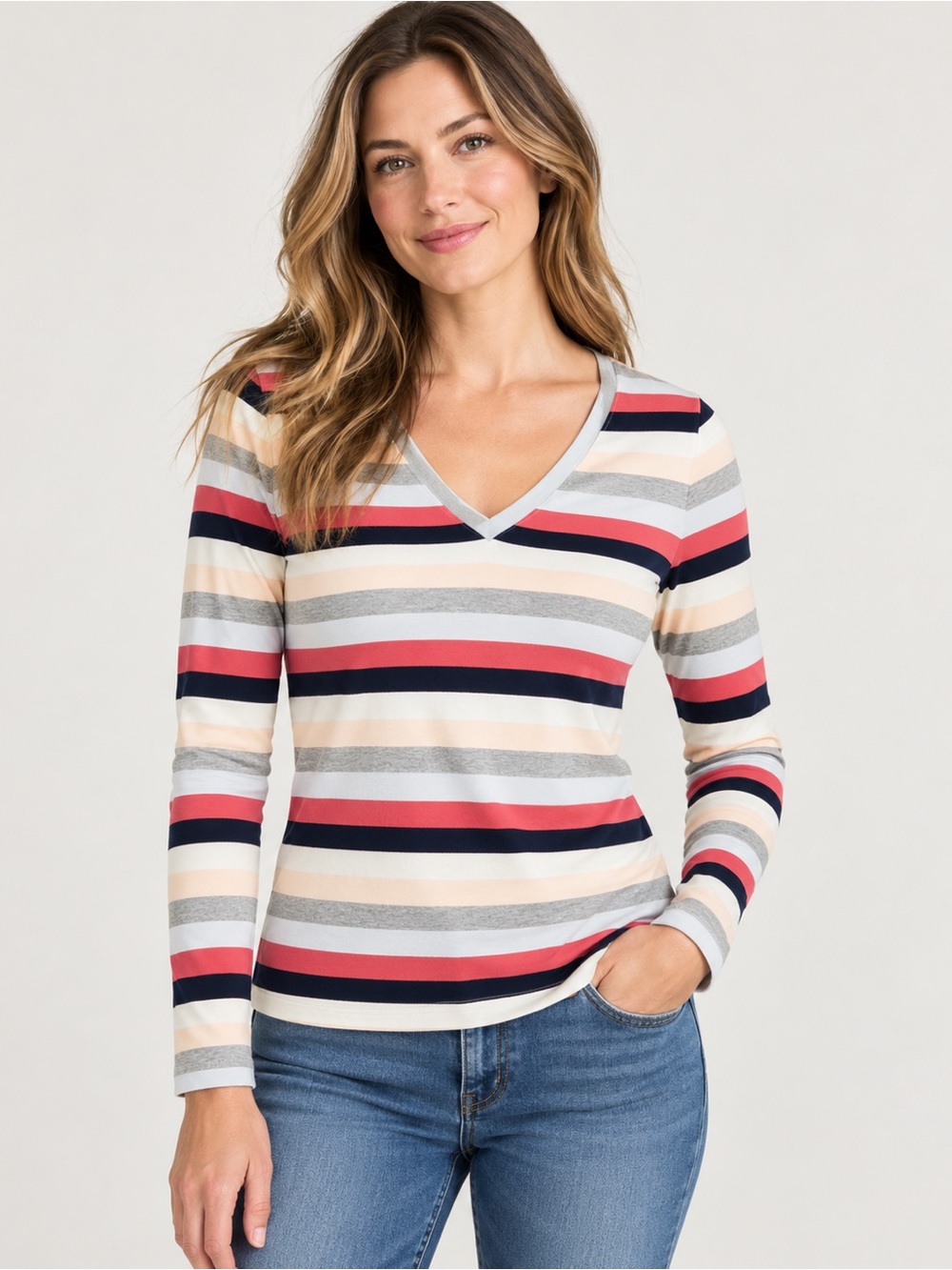 J.Crew Perfect Fit Multicolor Striped V-Neck Long Sleeve Tee M